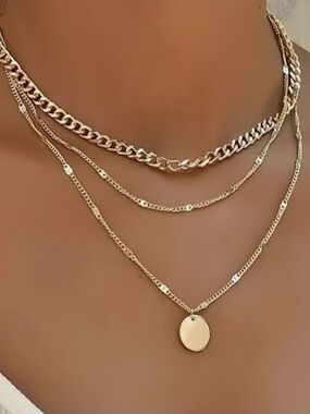 NEW Gold Plated Stainless Steel 3pc Layer Disc Pendant Chain Necklace Adjustable